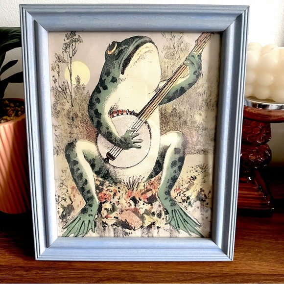 Frog Playing the Banjo in Moonlight Vintage Style Canvas Print Blue Frame Art - Picture 2 of 7